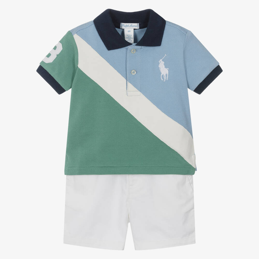 Ralph Lauren-Baby Boys Blue & White Cotton Polo Shirt & Shorts Set | Childrensalon Outlet