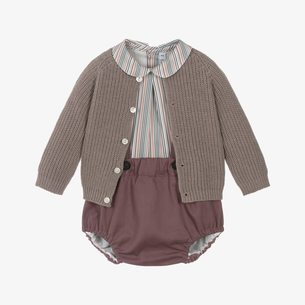Paloma de la O-Baby Boys Brown Knit Cardigan & Purple Cotton Shorts Set | Childrensalon Outlet