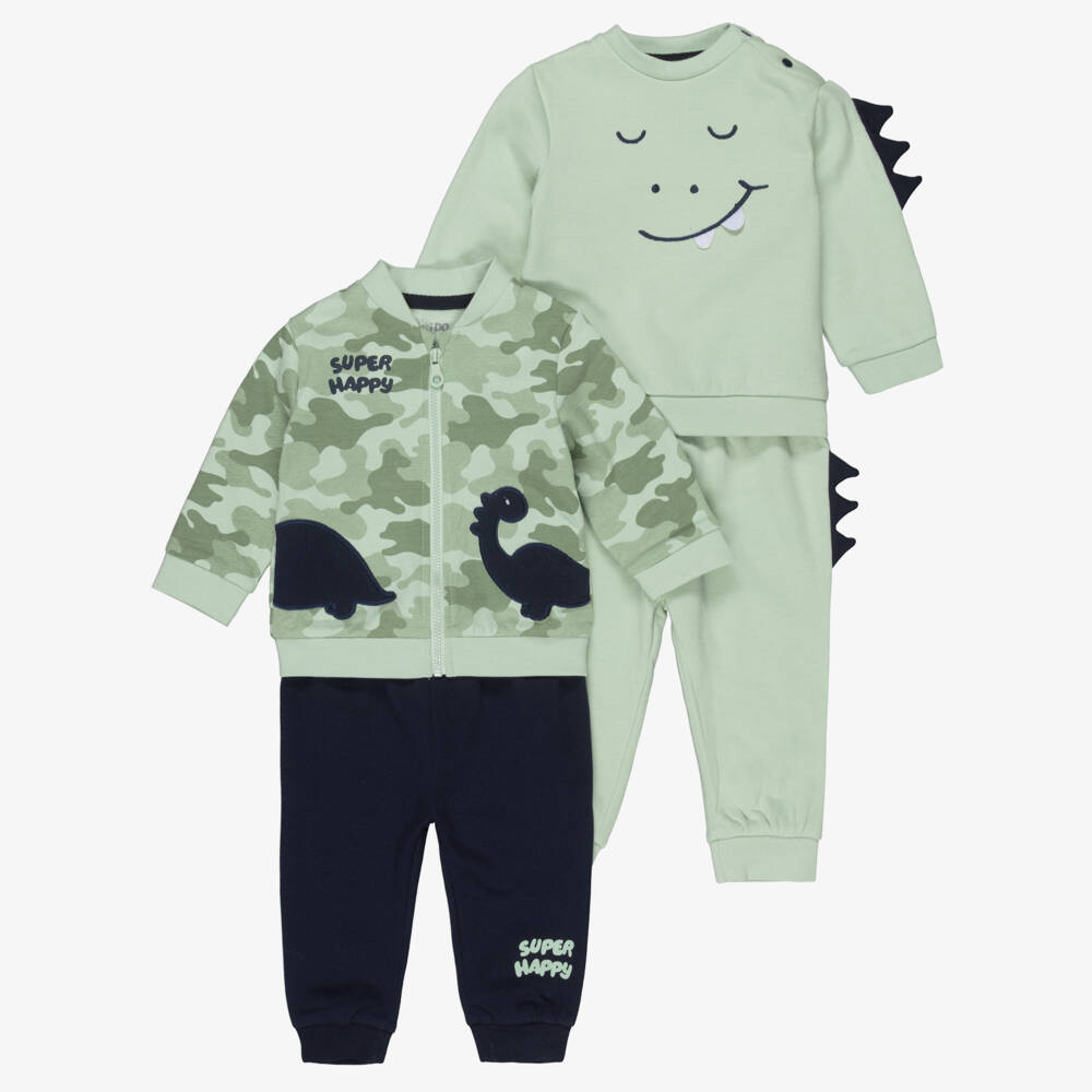 iDO-Baby Boys Green & Blue Cotton Dinosaur Tracksuits (2 Pack) | Childrensalon Outlet