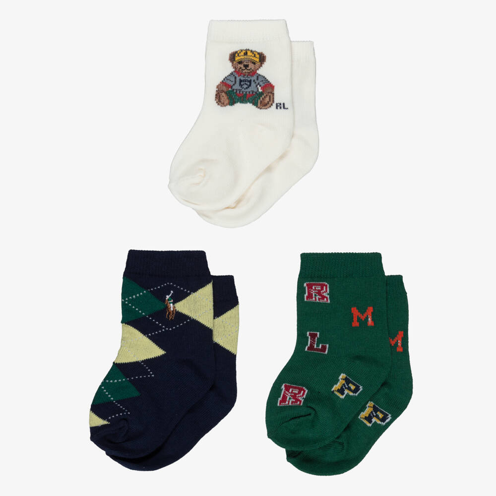 Ralph Lauren-Baby Boys Green & Blue Cotton Rich Polo Bear Socks (3 Pack) | Childrensalon Outlet