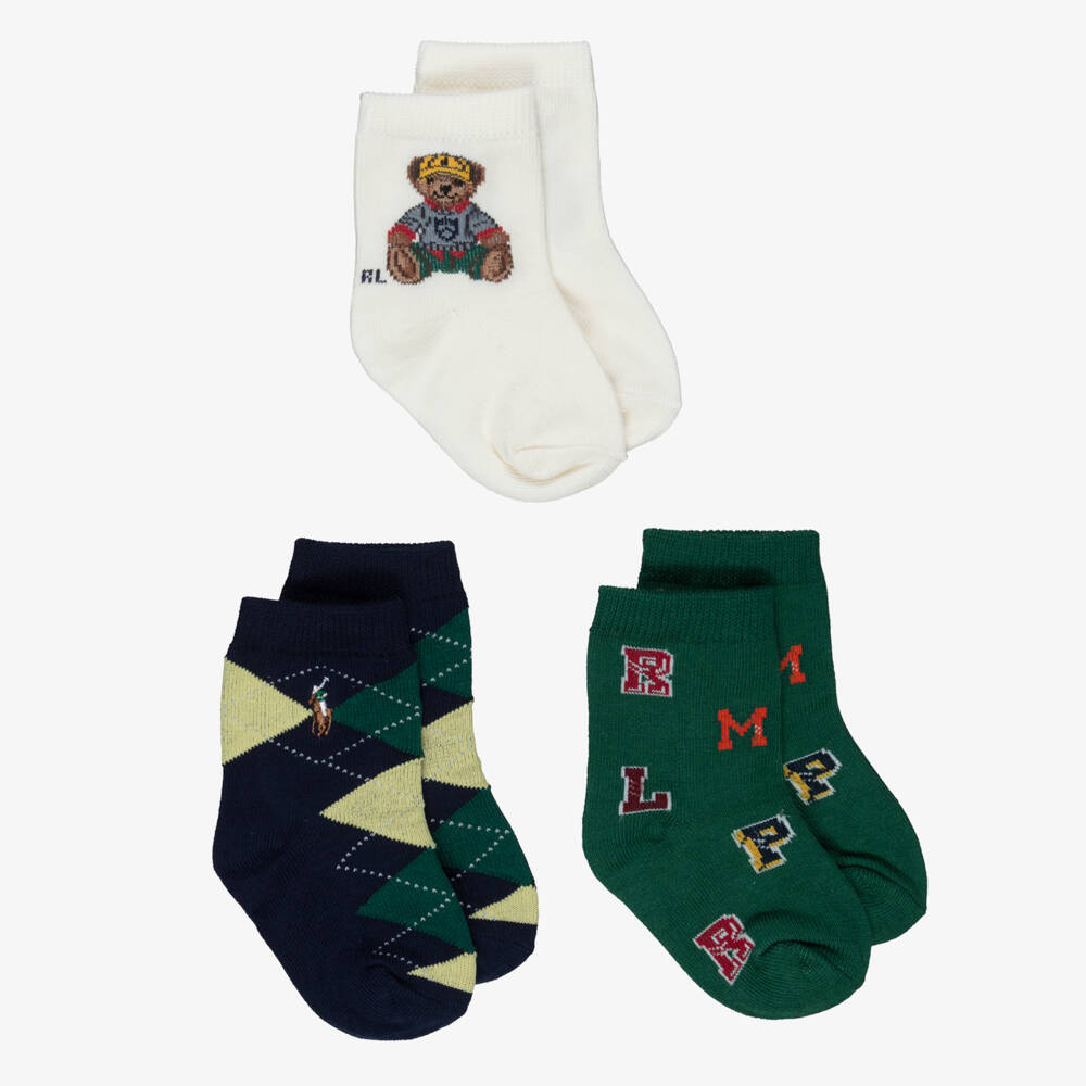 Ralph Lauren-Baby Boys Green & Blue Cotton Rich Polo Bear Socks (3 Pack) | Childrensalon Outlet