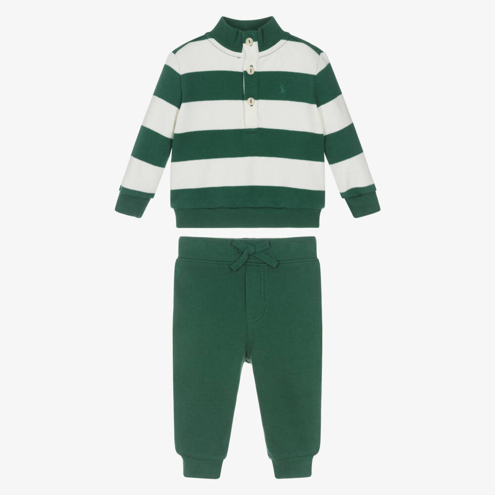 Ralph Lauren-Baby Boys Green & Ivory Striped Cotton Trouser Set | Childrensalon Outlet