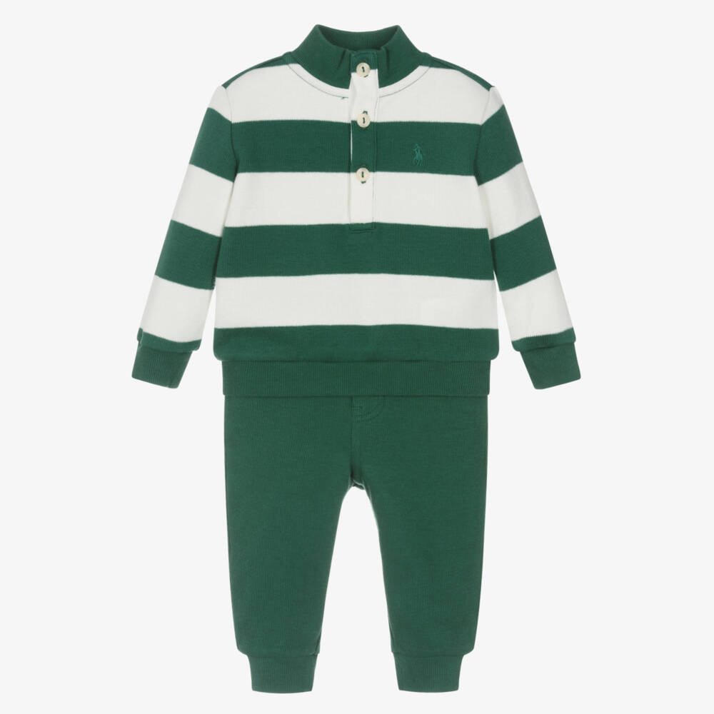 Ralph Lauren-Baby Boys Green & Ivory Striped Cotton Trouser Set | Childrensalon Outlet
