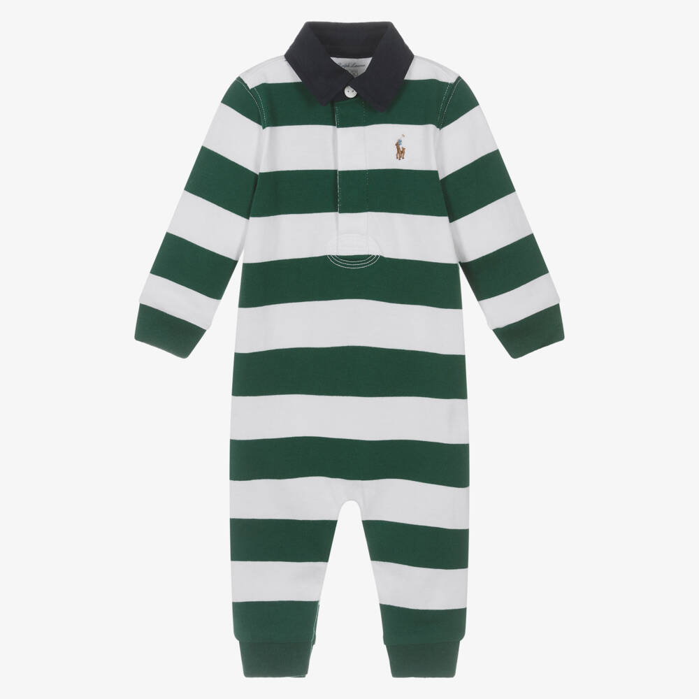 Ralph Lauren-Baby Boys Green & White Stripe Cotton Romper | Childrensalon Outlet
