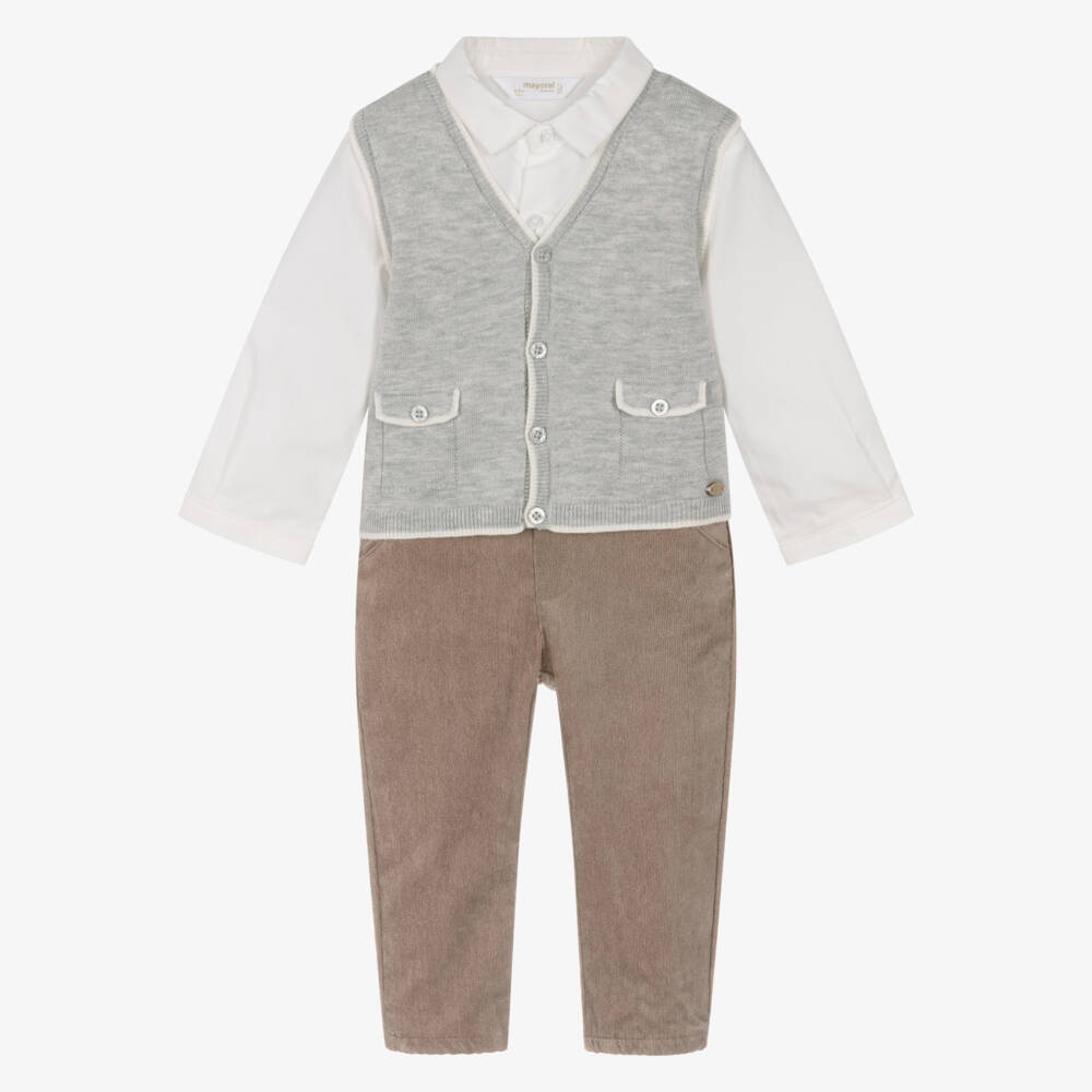 Mayoral Newborn-Baby Boys Grey & Beige Needlecord Trouser Set | Childrensalon Outlet