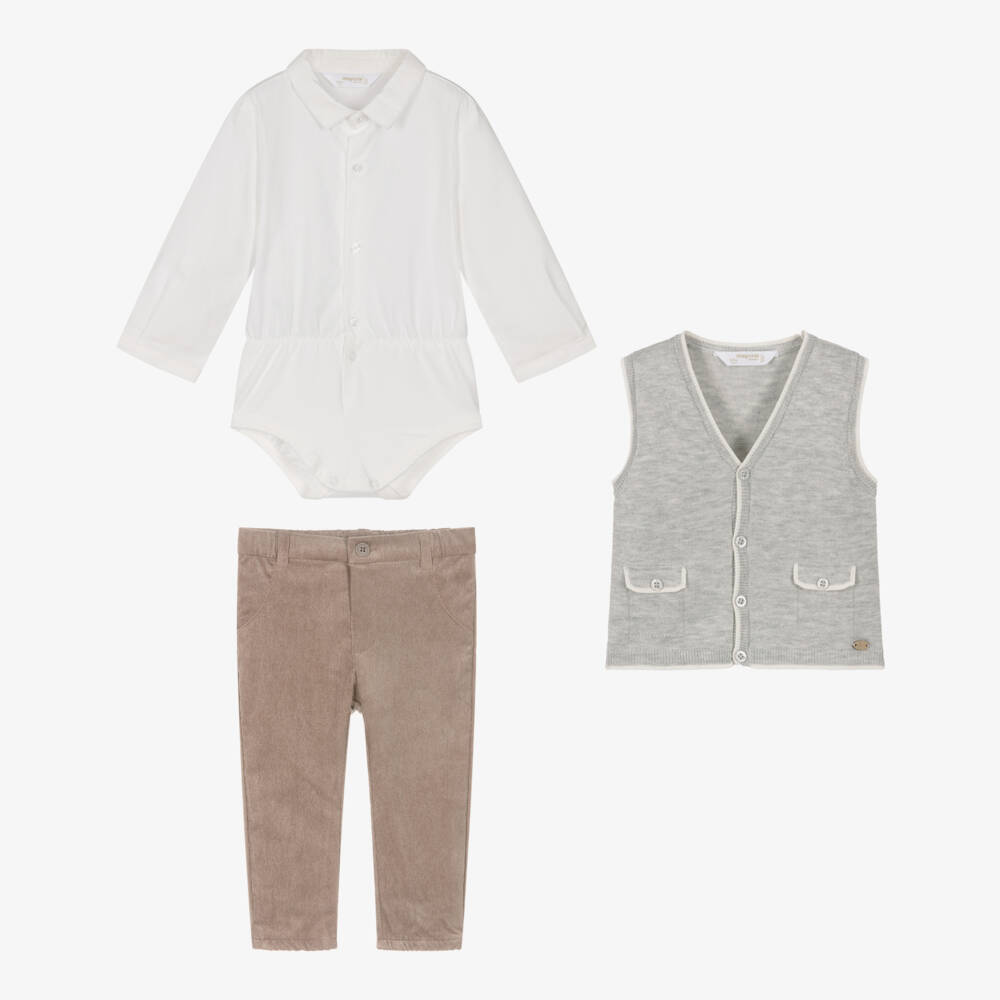 Mayoral Newborn-Baby Boys Grey & Beige Needlecord Trouser Set | Childrensalon Outlet