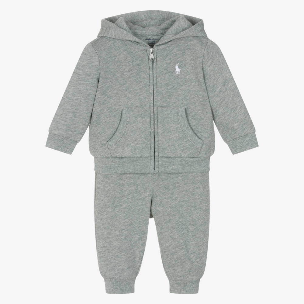Ralph Lauren-Baby Boys Grey Marl Hooded Pony Logo Tracksuit | Childrensalon Outlet