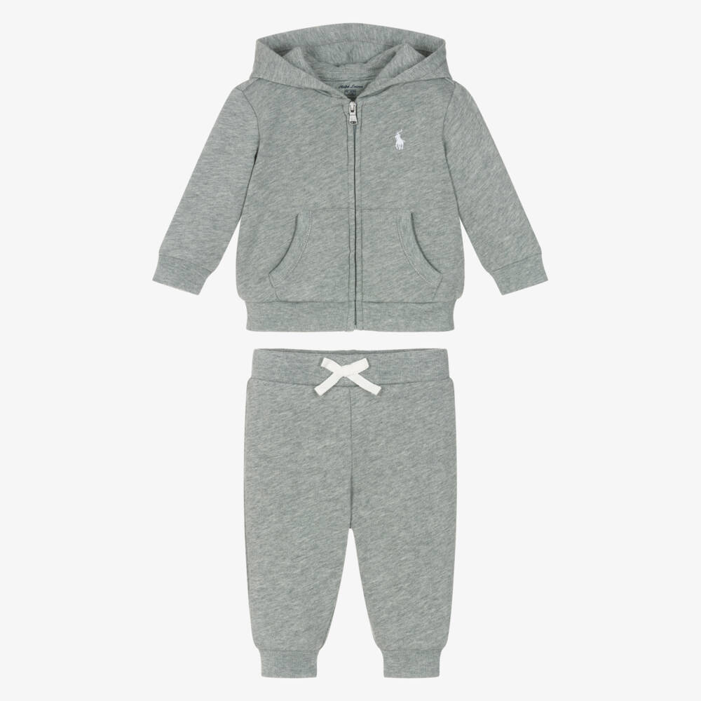 Ralph Lauren-Baby Boys Grey Marl Hooded Pony Logo Tracksuit | Childrensalon Outlet