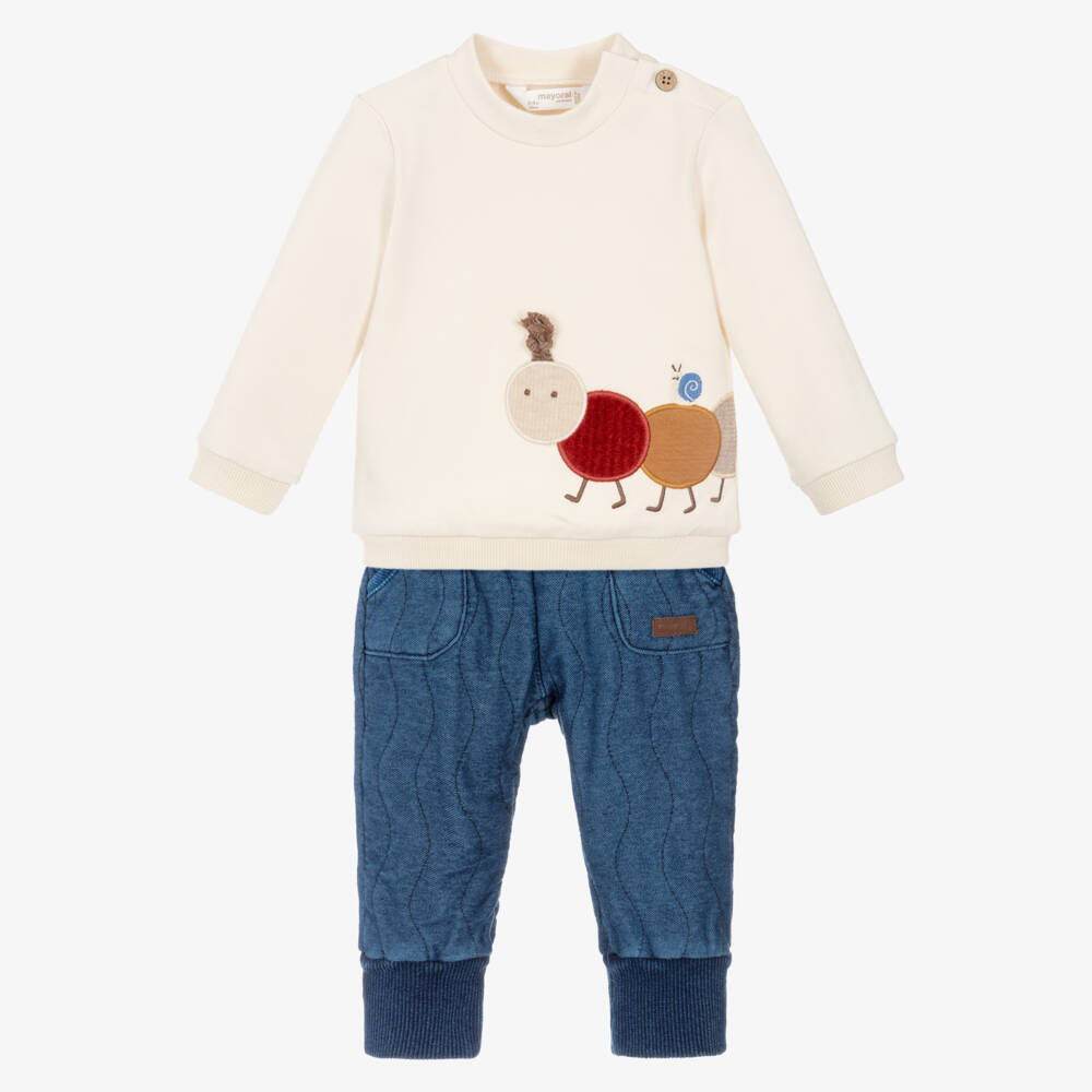 Mayoral Newborn-Baby Boys Ivory & Blue Cotton Caterpillar Trouser Set | Childrensalon Outlet