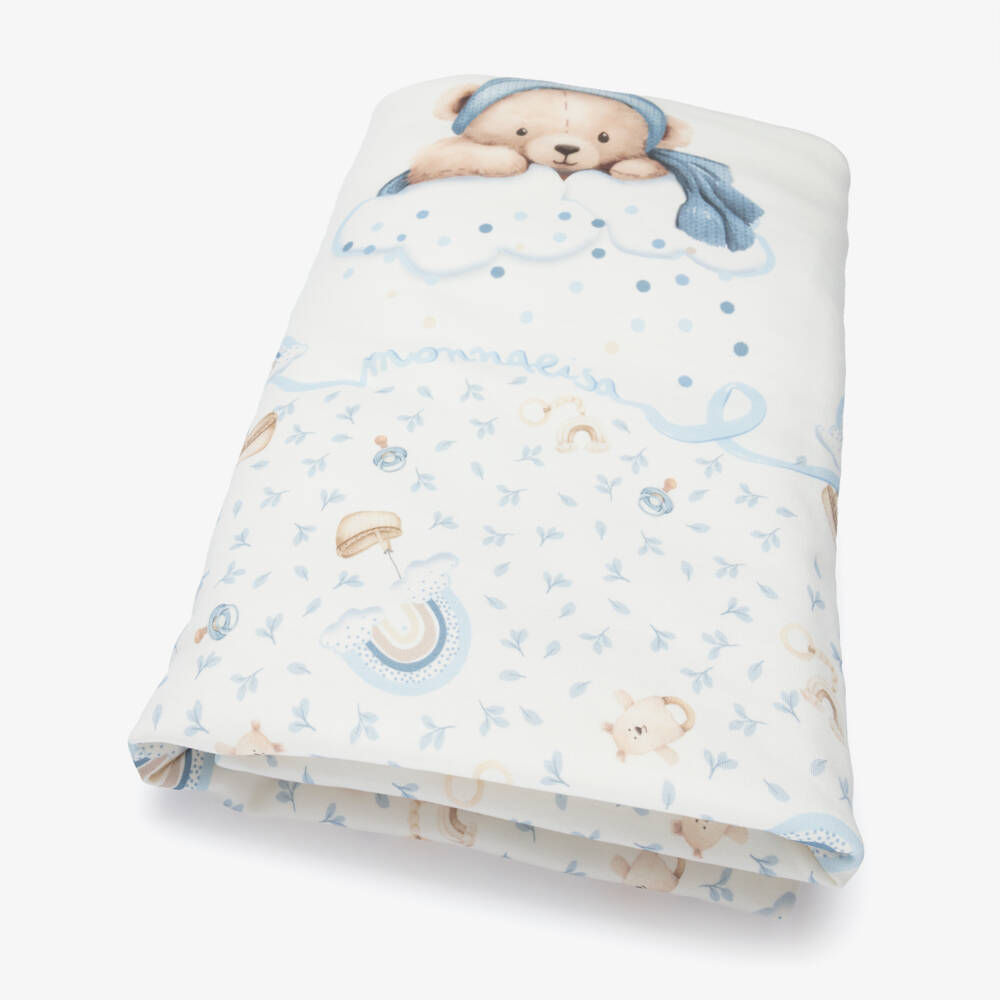 Monnalisa-Baby Boys Ivory & Blue Cotton Teddy Rainbow Blanket (92cm) | Childrensalon Outlet