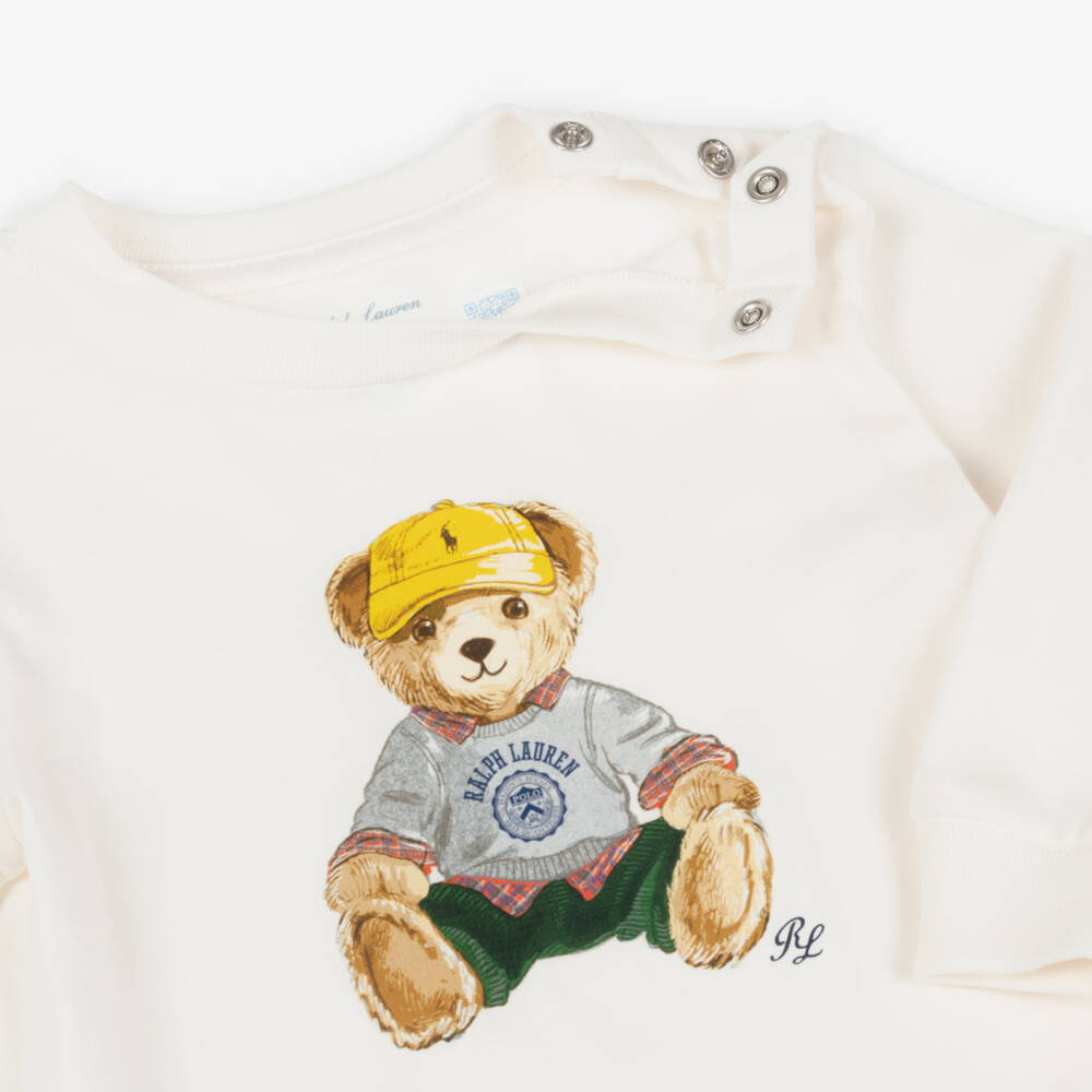 Ralph Lauren-Baby Boys Ivory Cotton Polo Bear Long Sleeve Top | Childrensalon Outlet