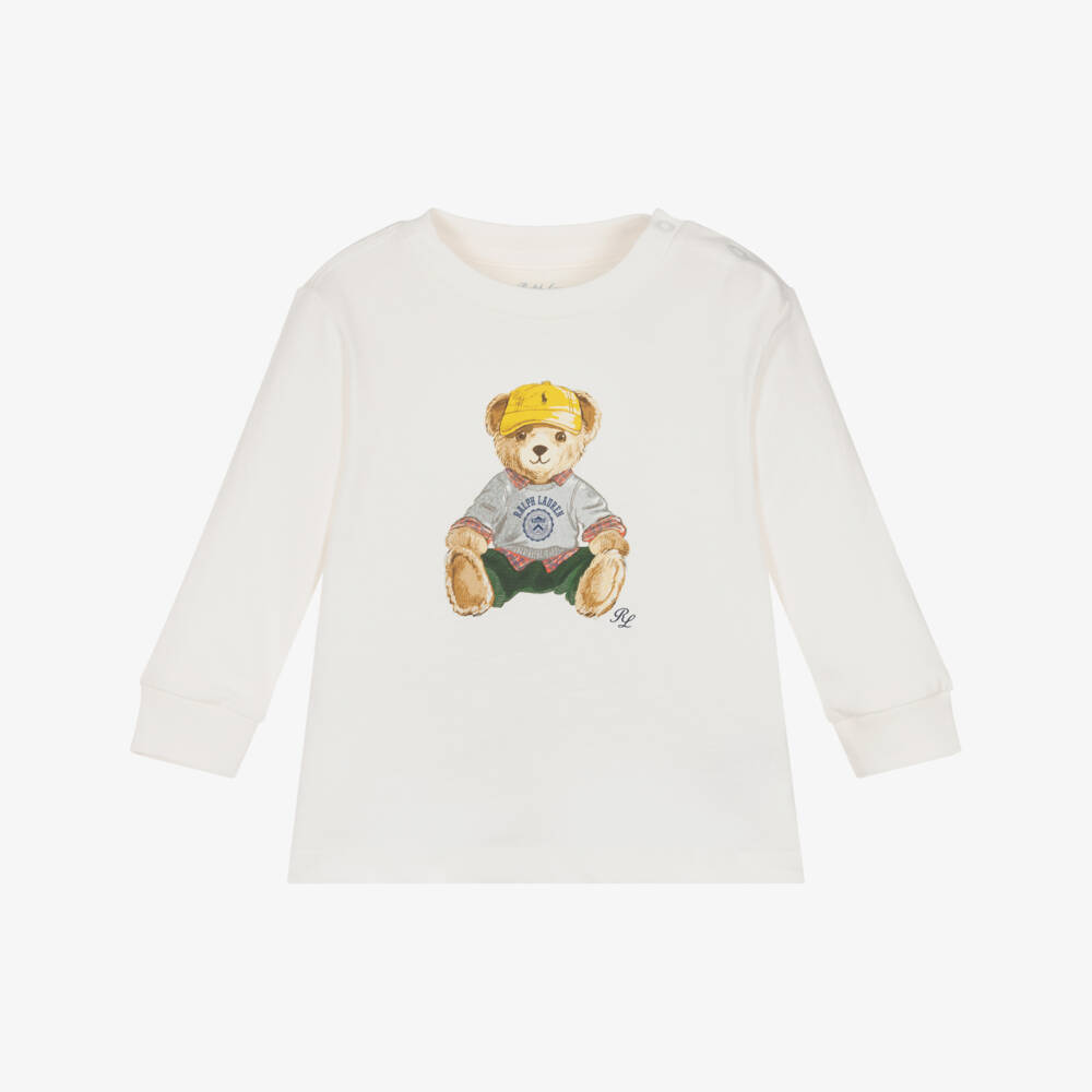 Ralph Lauren-Baby Boys Ivory Cotton Polo Bear Long Sleeve Top | Childrensalon Outlet