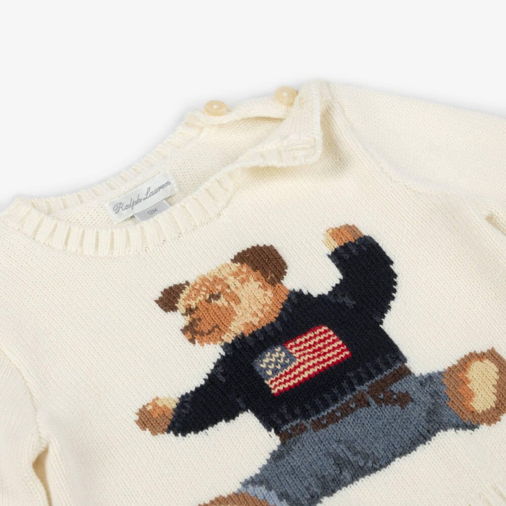 Ralph Lauren-Baby Boys Ivory Cotton Polo Bear Sweater | Childrensalon Outlet