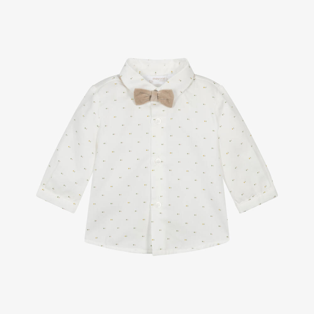 Mayoral Newborn-Baby Boys Ivory Cotton Shirt & Beige Bow Tie | Childrensalon Outlet