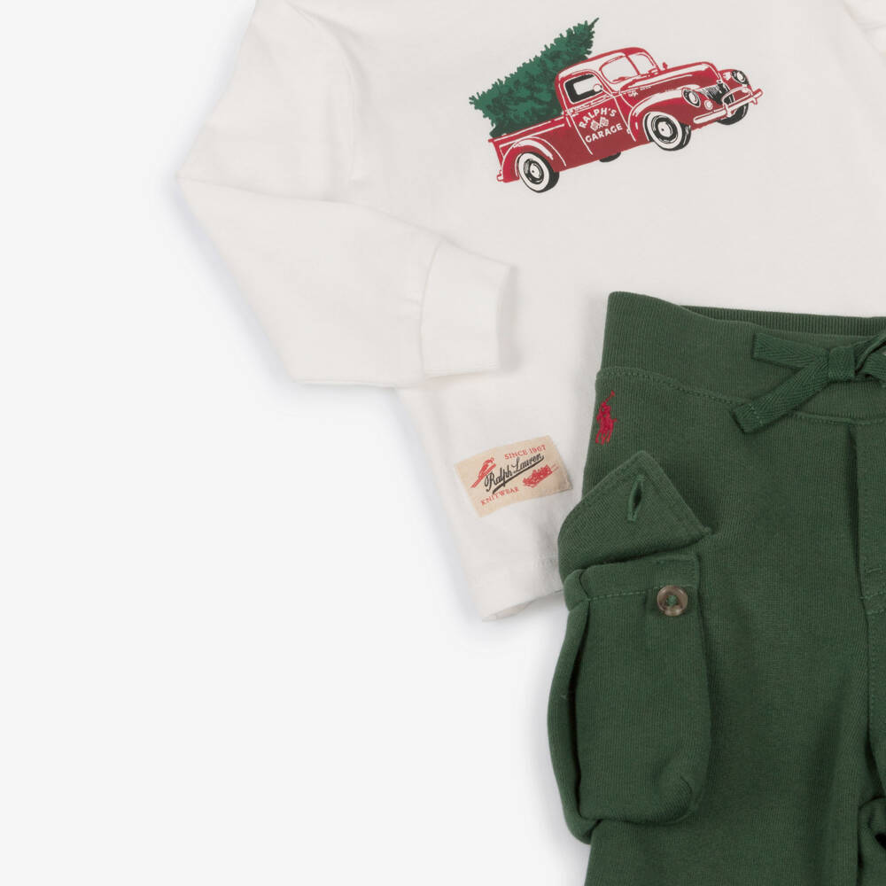 Ralph Lauren-Baby Boys Ivory & Green Cotton Trouser Set with Truck Print | Childrensalon Outlet