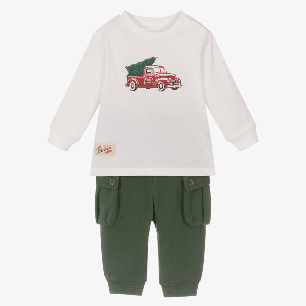 Ralph Lauren-Baby Boys Ivory & Green Cotton Trouser Set with Truck Print | Childrensalon Outlet