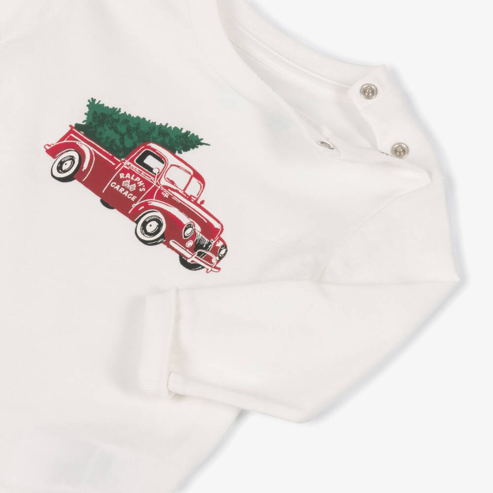 Ralph Lauren-Baby Boys Ivory & Green Cotton Trouser Set with Truck Print | Childrensalon Outlet