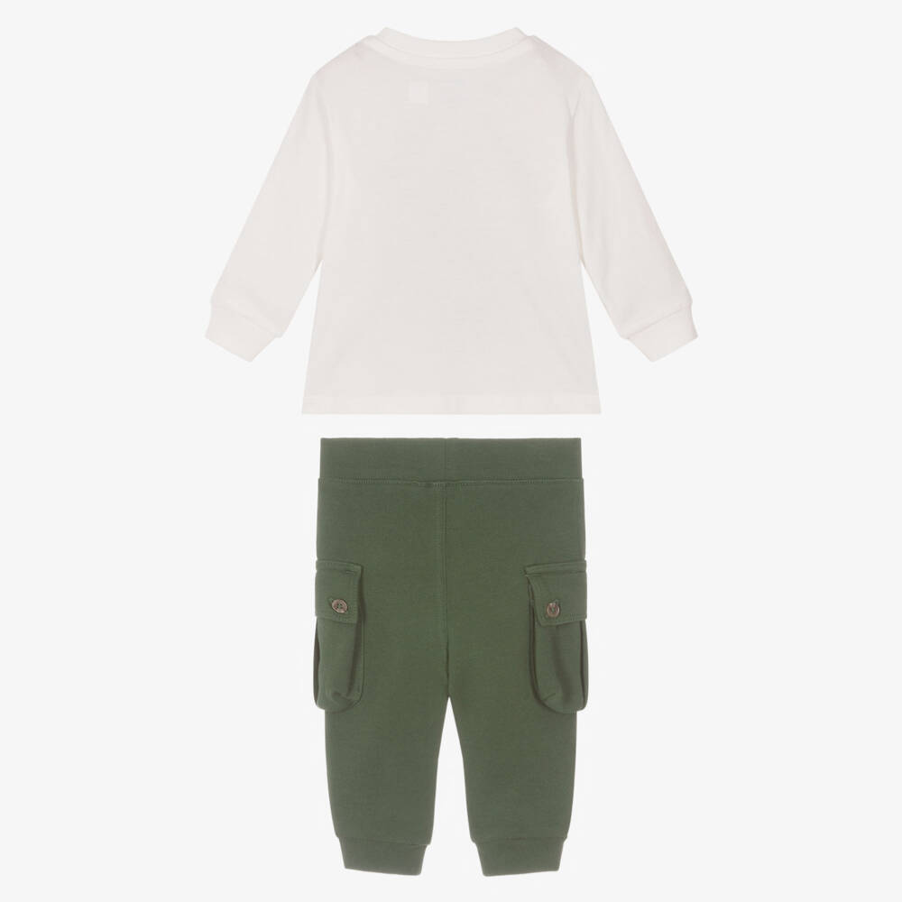 Ralph Lauren-Baby Boys Ivory & Green Cotton Trouser Set with Truck Print | Childrensalon Outlet