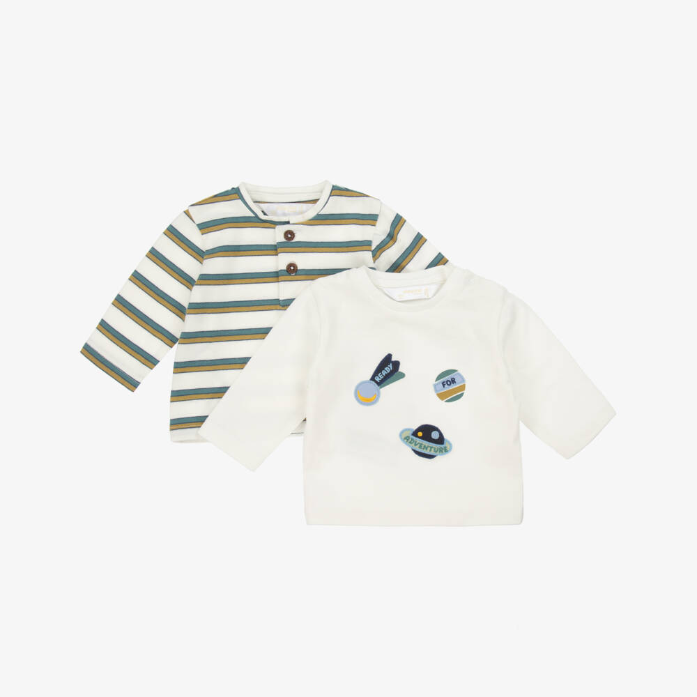 Mayoral Newborn-Baby Boys Ivory & Green Stripe Cotton Space Tops (2 Pack) | Childrensalon Outlet