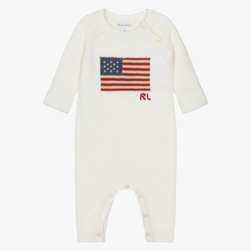 Ralph Lauren-Baby Boys Ivory Knitted USA Flag Babysuit | Childrensalon Outlet