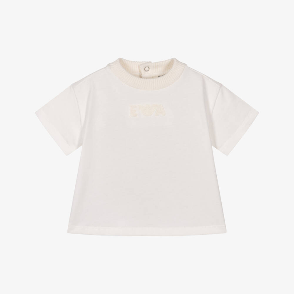 Emporio Armani-Baby Boys Ivory Ribbed Crew Neck Cotton T-Shirt | Childrensalon Outlet