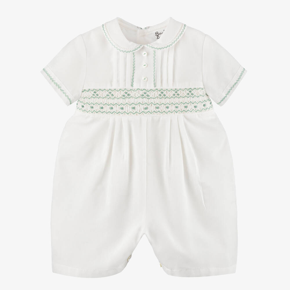 Sarah Louise-Baby Boys Ivory & Sage Green Embroidered Shortie | Childrensalon Outlet
