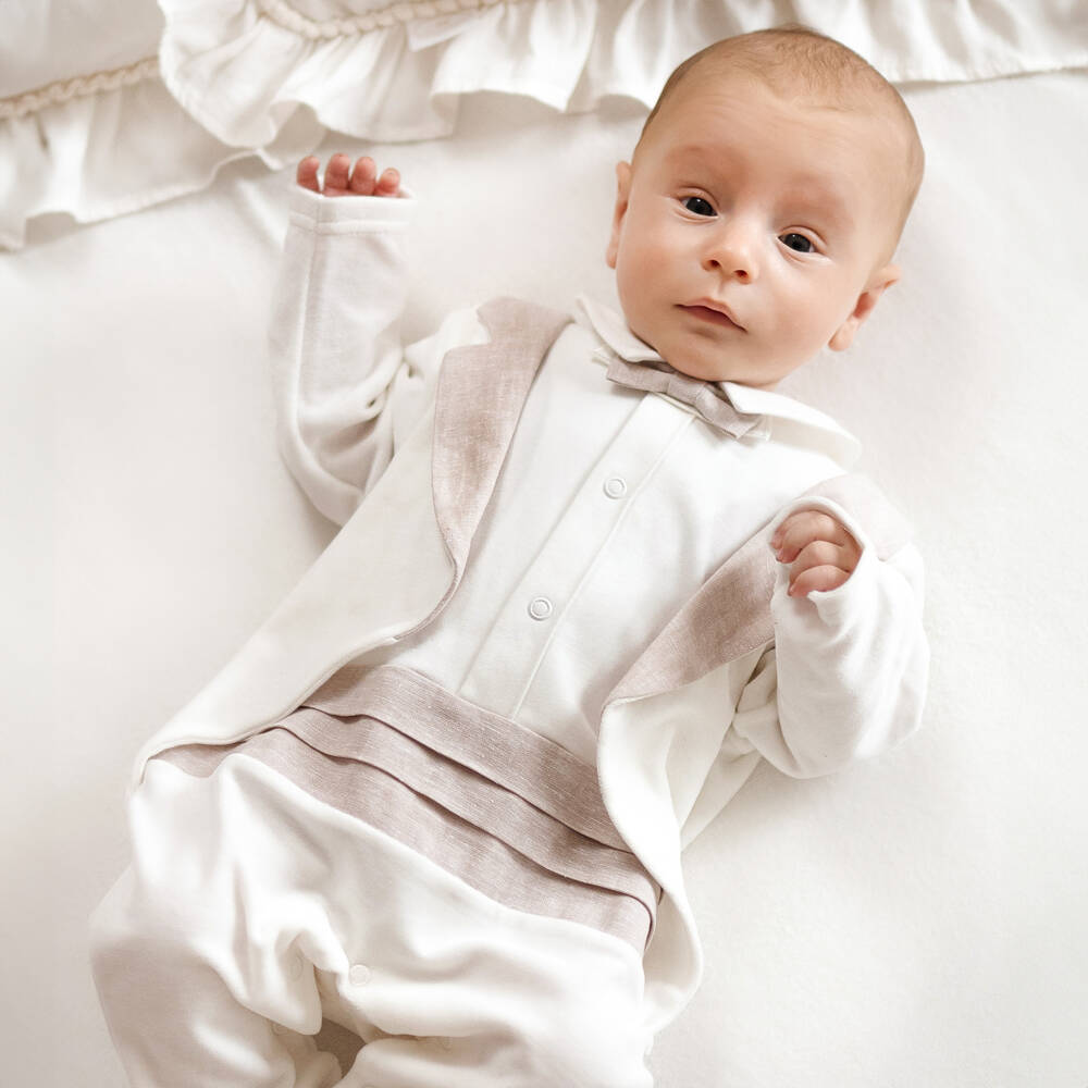 Sofija-Baby Boys Ivory Velour Romper Suit | Childrensalon Outlet