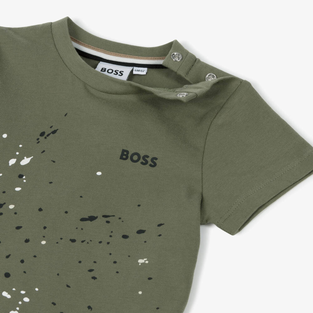 BOSS-Baby Boys Khaki Green Paint Splatter Cotton T-Shirt | Childrensalon Outlet