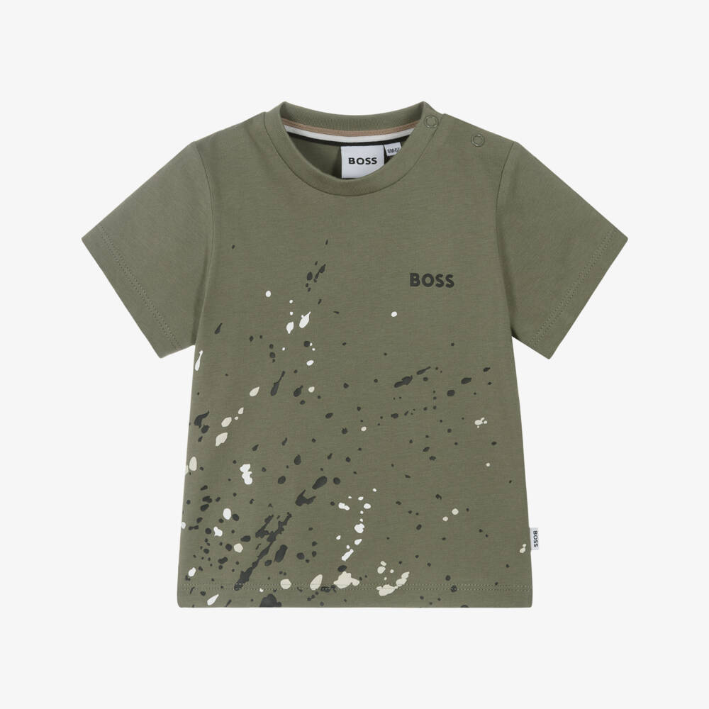 BOSS-Baby Boys Khaki Green Paint Splatter Cotton T-Shirt | Childrensalon Outlet