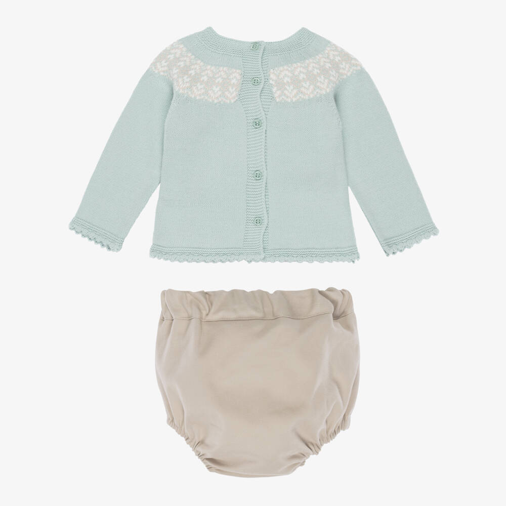 Artesanía Granlei-Baby Boys Mint Green Fair Isle Sweater & Beige Shorts Set | Childrensalon Outlet