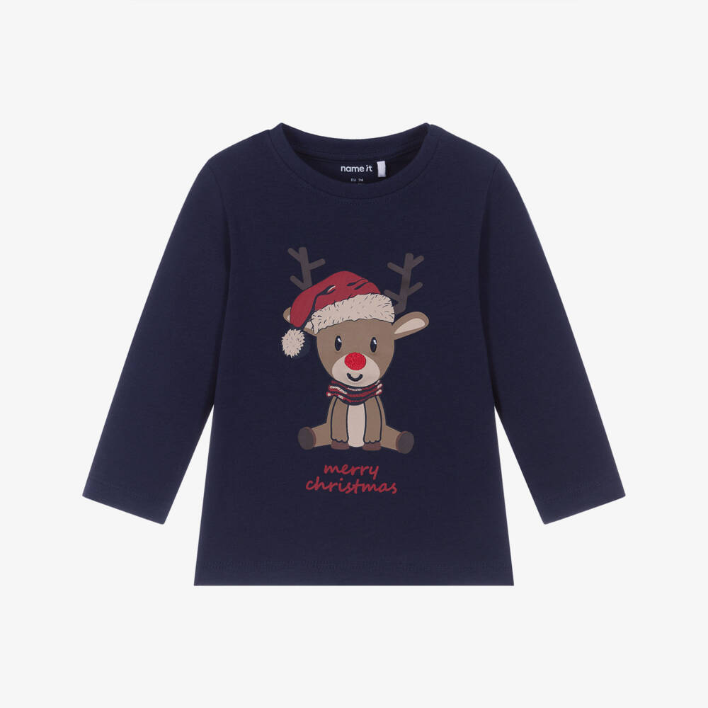 NAME IT-Baby Boys Navy Blue Cotton Festive Reindeer Top | Childrensalon Outlet