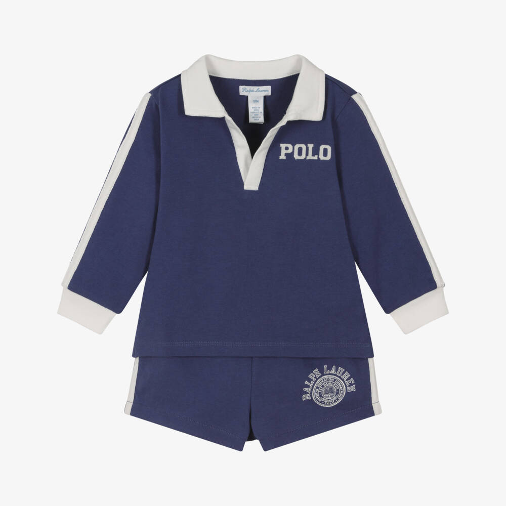 Ralph Lauren-Baby Boys Navy Blue Cotton Jersey Rugby-Style Shorts Set | Childrensalon Outlet