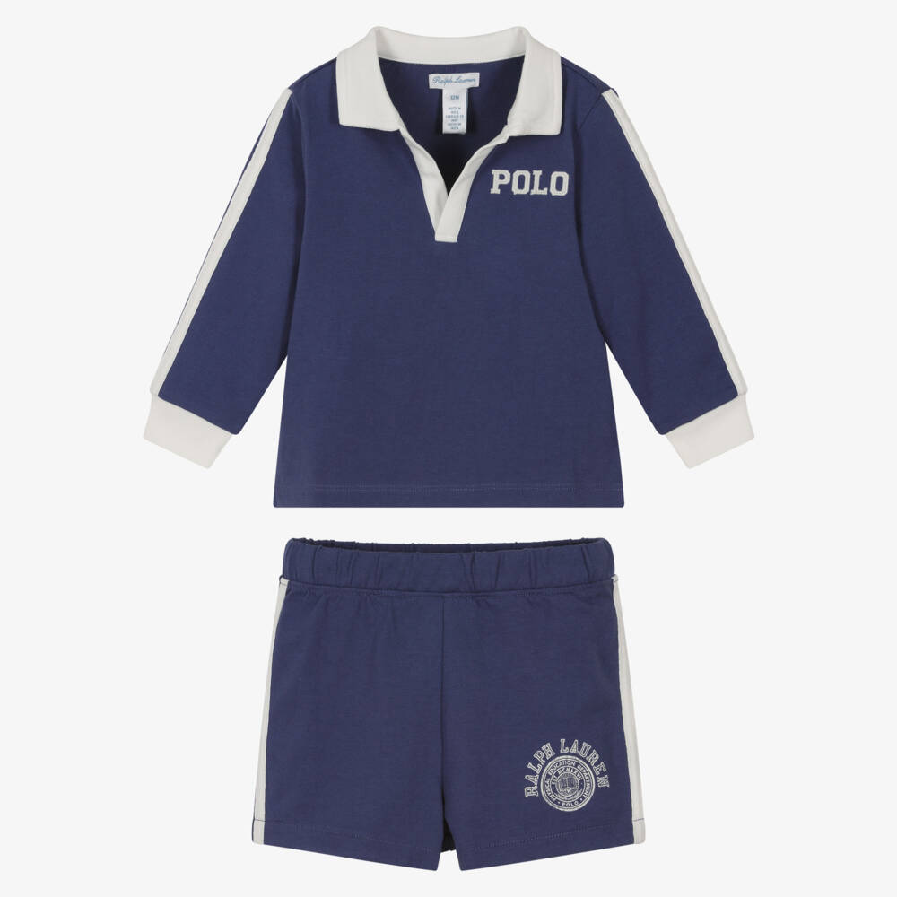 Ralph Lauren-Baby Boys Navy Blue Cotton Jersey Rugby-Style Shorts Set | Childrensalon Outlet