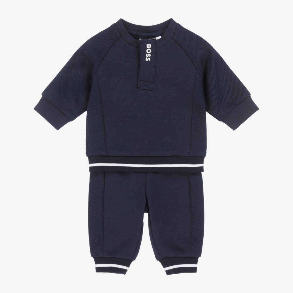 BOSS-Baby Boys Navy Blue Cotton Jersey Tracksuit with Whites Trims | Childrensalon Outlet