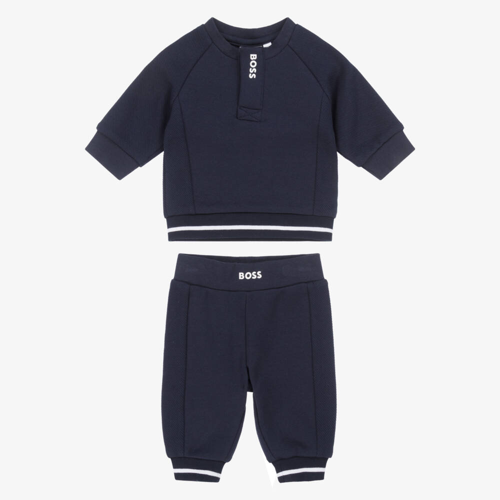 BOSS-Baby Boys Navy Blue Cotton Jersey Tracksuit with Whites Trims | Childrensalon Outlet