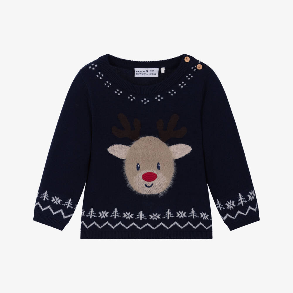 NAME IT-Baby Boys Navy Blue Cotton Knit Reindeer Sweater | Childrensalon Outlet