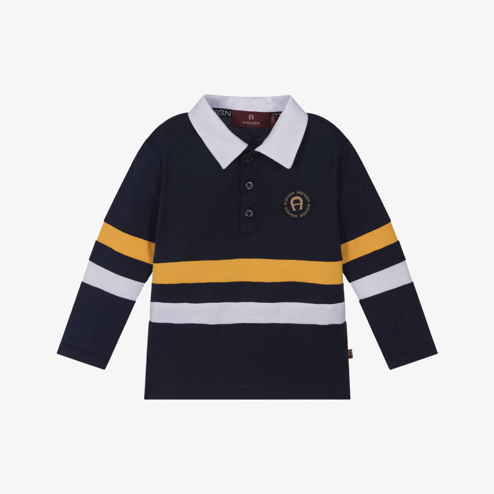 AIGNER-Baby Boys Navy Blue Cotton Long-Sleeved Polo Shirt | Childrensalon Outlet