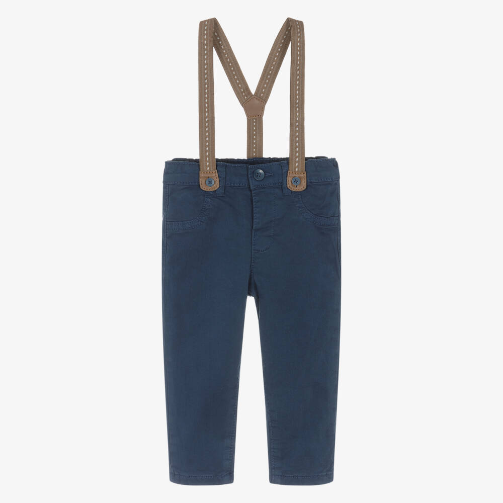 Mayoral Newborn-Baby Boys Navy Blue Cotton Trousers with Brown Braces  | Childrensalon Outlet