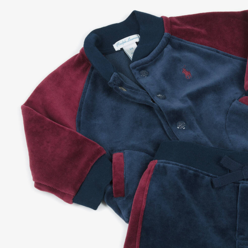 Ralph Lauren-Baby Boys Navy Blue Cotton Velour Tracksuit with Burgundy Trim | Childrensalon Outlet