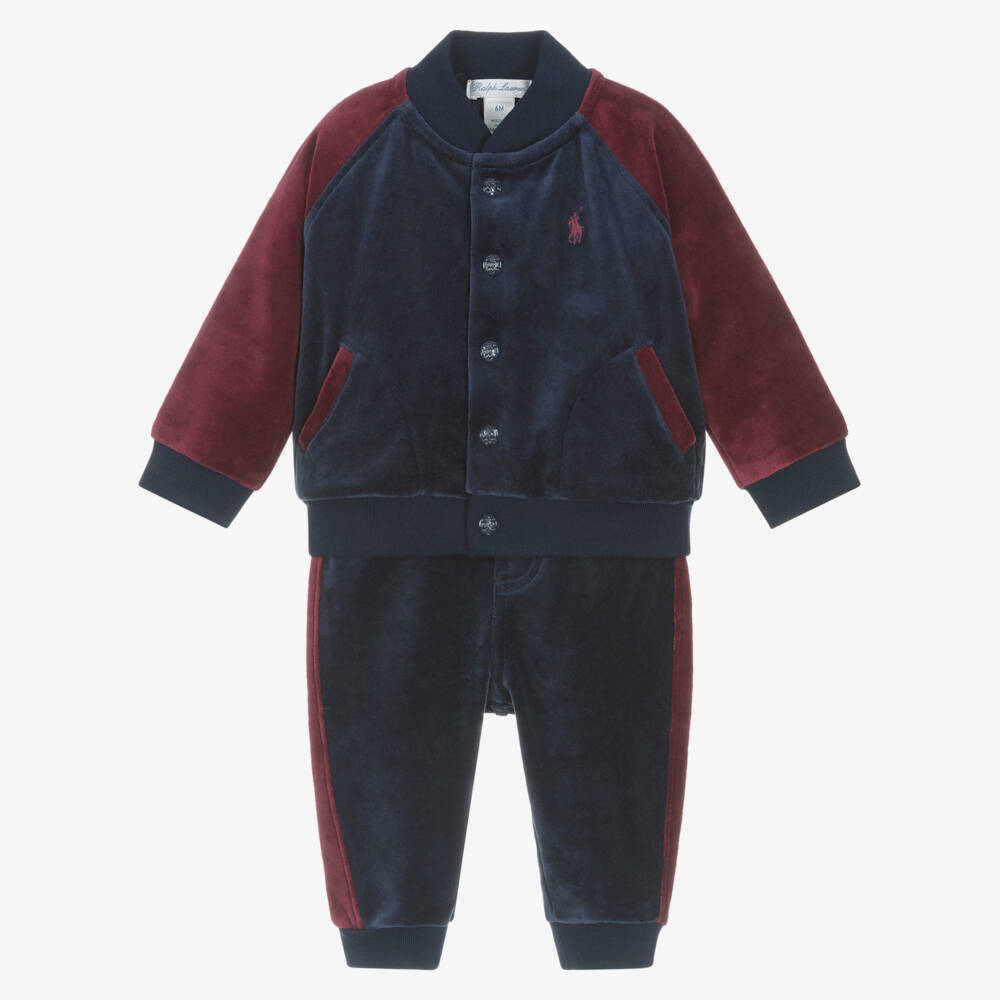 Ralph Lauren-Baby Boys Navy Blue Cotton Velour Tracksuit with Burgundy Trim | Childrensalon Outlet