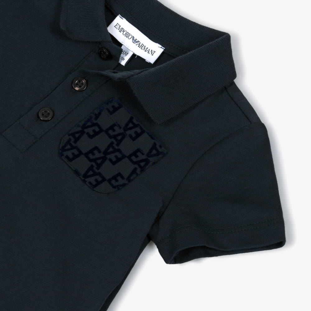 Emporio Armani-Baby Boys Navy Blue Flocked Pocket Polo Shirt | Childrensalon Outlet