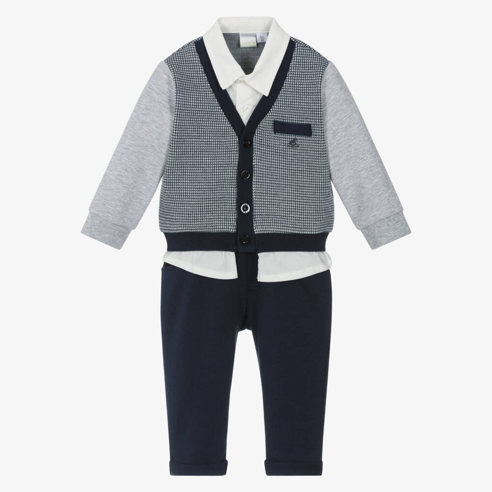 iDO Mini-Baby Boys Navy Blue Houndstooth Jersey Trouser Set | Childrensalon Outlet