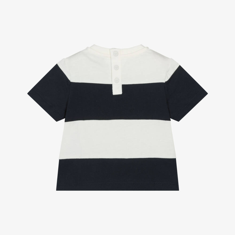 Emporio Armani-Baby Boys Navy Blue & Ivory Striped Cotton T-Shirt | Childrensalon Outlet