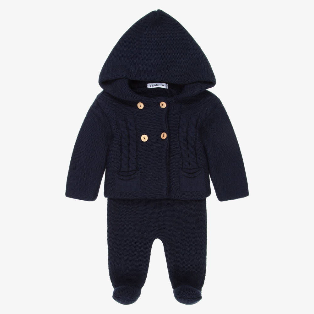 Babidu-Baby Boys Navy Blue Knitted Pram Coat Set | Childrensalon Outlet