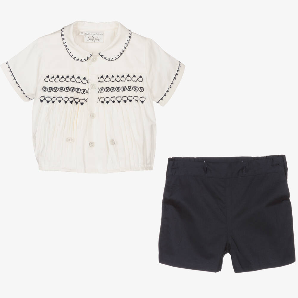 Rachel Riley-Baby Boys Navy Blue Smocked Buster Suit | Childrensalon Outlet
