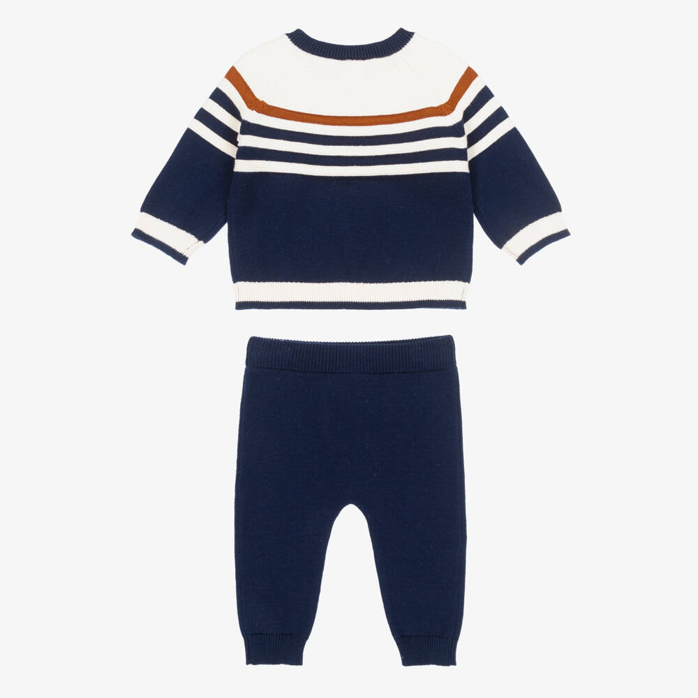 Little Me-Baby Boys Navy Blue Striped Knitted Trouser Set | Childrensalon Outlet