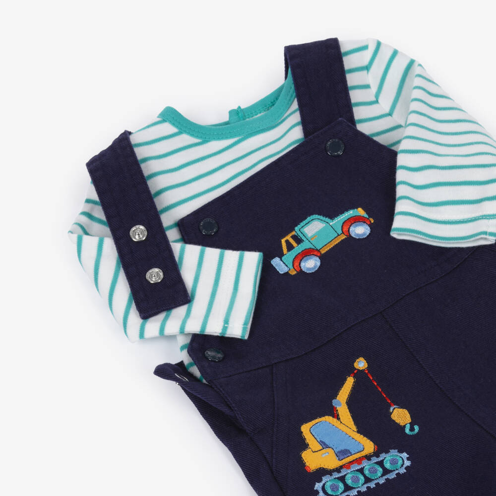 Little Me-Baby Boys Navy Blue Trucks Dungaree Set | Childrensalon Outlet