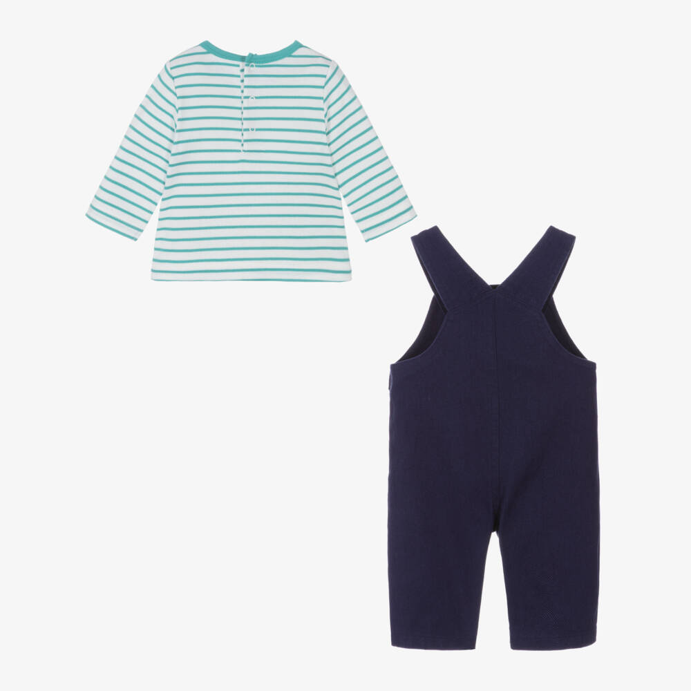 Little Me-Baby Boys Navy Blue Trucks Dungaree Set | Childrensalon Outlet