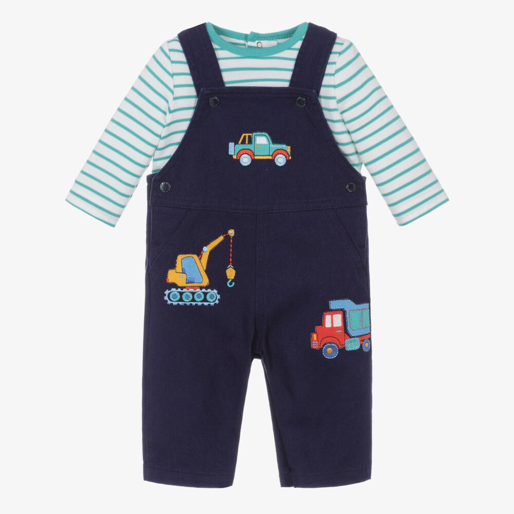 Little Me-Baby Boys Navy Blue Trucks Dungaree Set | Childrensalon Outlet