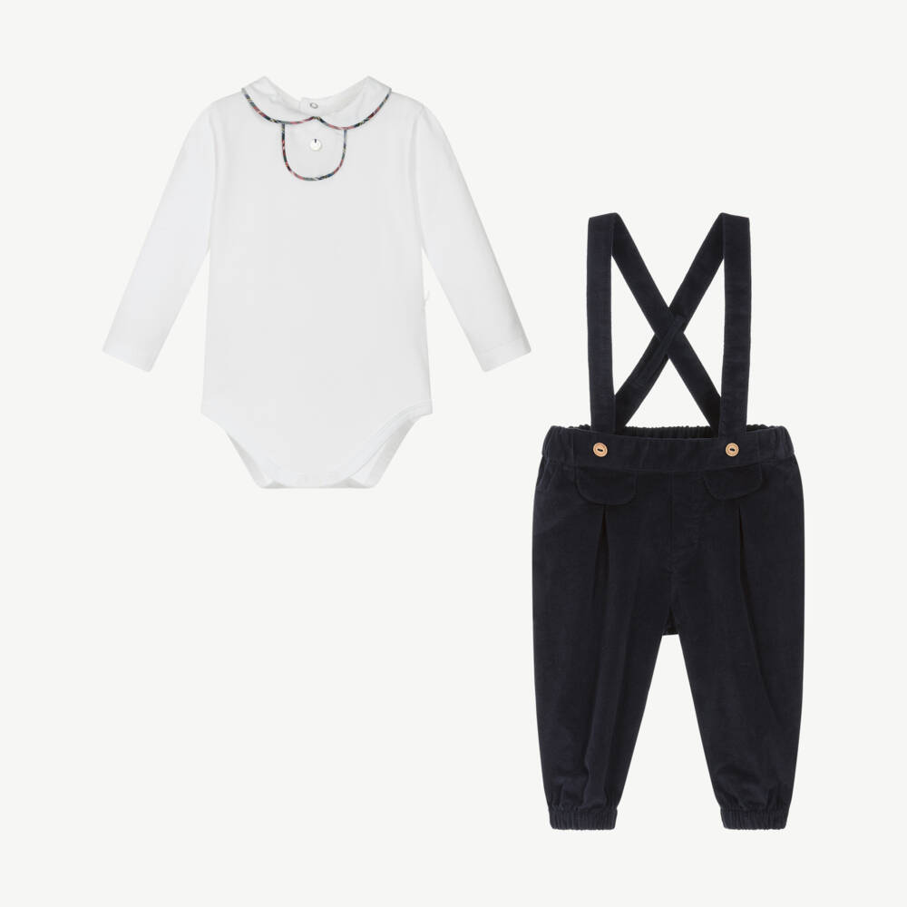 Pureté Du... Bébé-Baby Boys Navy Blue & White Cotton & Corduroy Trouser Set | Childrensalon Outlet